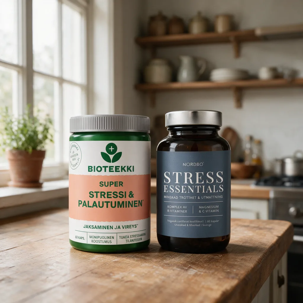 Bioteekin oranssietikettinen Super Stressi -purkki ja Nordbon tumma, siniharmaaetikettinen Stress Essentials -lasipurkki vierekkäin ikkunan valossa