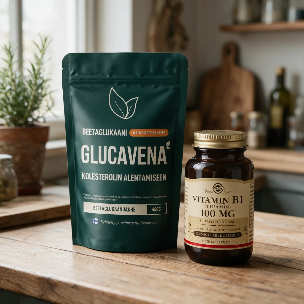 Tummanvihreä Glucavena-pussi ja Solgarin B1-vitamiinipurkki rinnakkain keittiön puutasolla