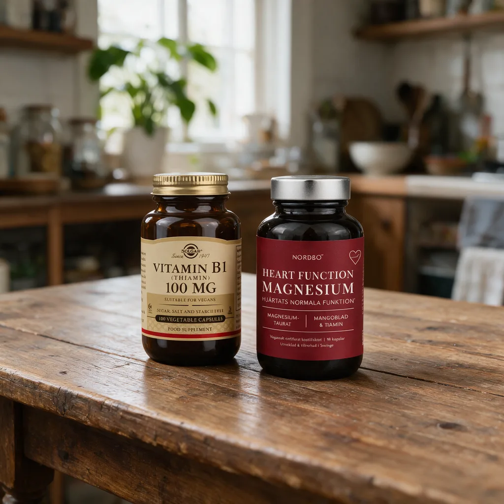 Solgarin ruskea B1-vitamiinipurkki ja Nordbon tumma Heart Function Magnesium -purkki punaisella etiketillä vierekkäin puisella pöydällä
