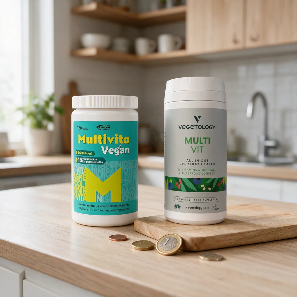 Multivita Veganin turkoosi purkki ja Vegetologyn valkoinen purkki rinnakkain keittiötasolla, leikkuulaudan reunalla, edessä euron kolikoita