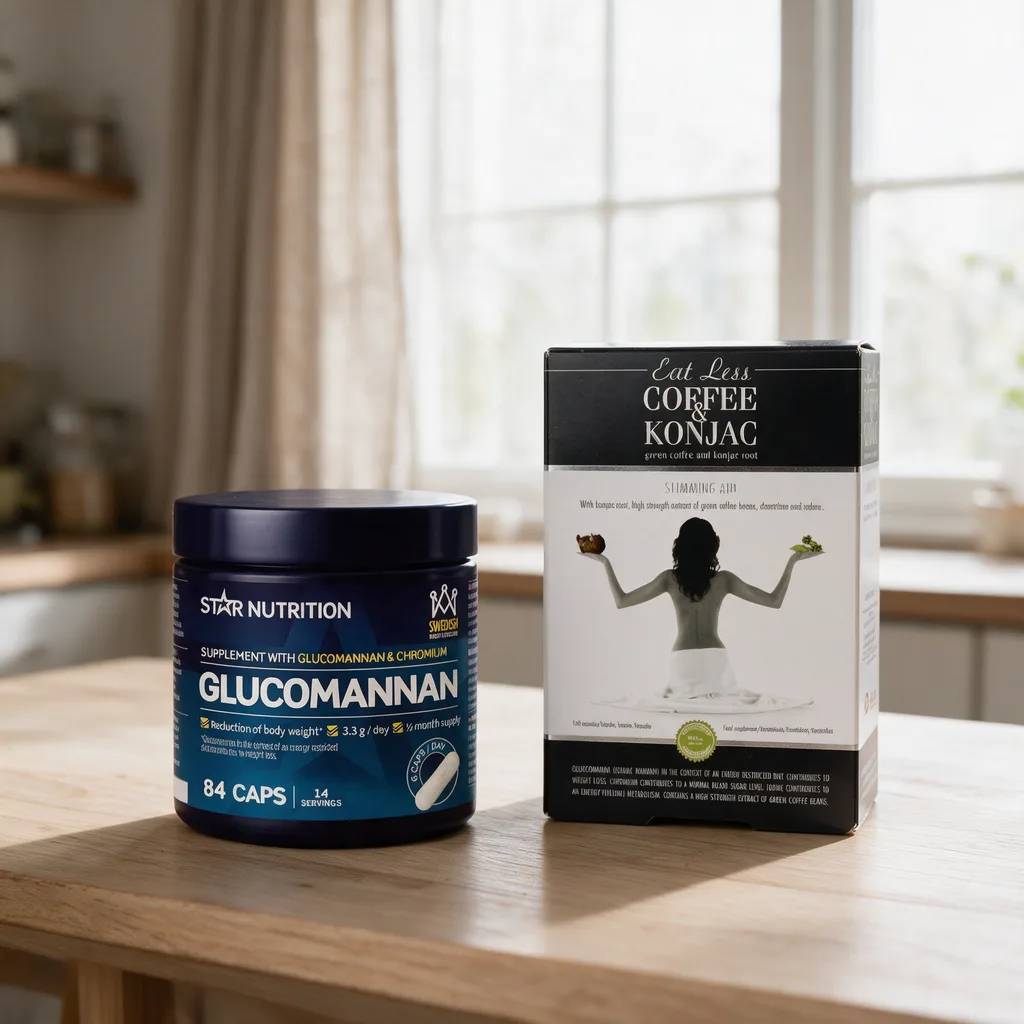 Sininen Star Nutrition Glucomannan -purkki ja musta-valkoinen Eat Less Coffee & Konjac -rasia vierekkäin puisella keittiön pöydällä