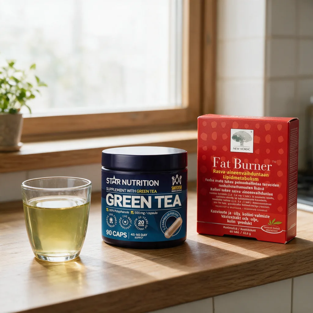 Lasillinen vihreää teetä, sininen Star Nutrition Green Tea -purkki ja punainen New Nordic Fat Burner -rasia keittiön pöydällä