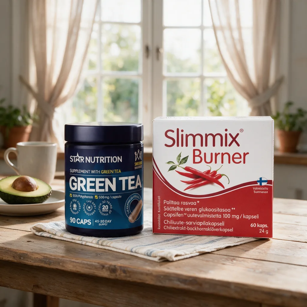 Sininen Star Nutrition Green Tea -purkki ja puna-valkoinen Slimmix Burner -rasia vierekkäin aamupalapöydällä