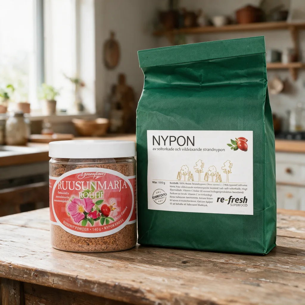 Läpinäkyvä Greenfinn's Ruusunmarja Rouhe -purkki ja tummanvihreä Re-fresh Superfood Nypon -paperipussi vierekkäin keittiön pöydällä