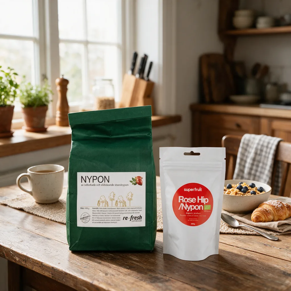 Tummanvihreä Re-fresh Superfood Nypon -paperipussi ja valkoinen Superfruit Rose Hip Nypon -pussi vierekkäin aamupalapöydällä