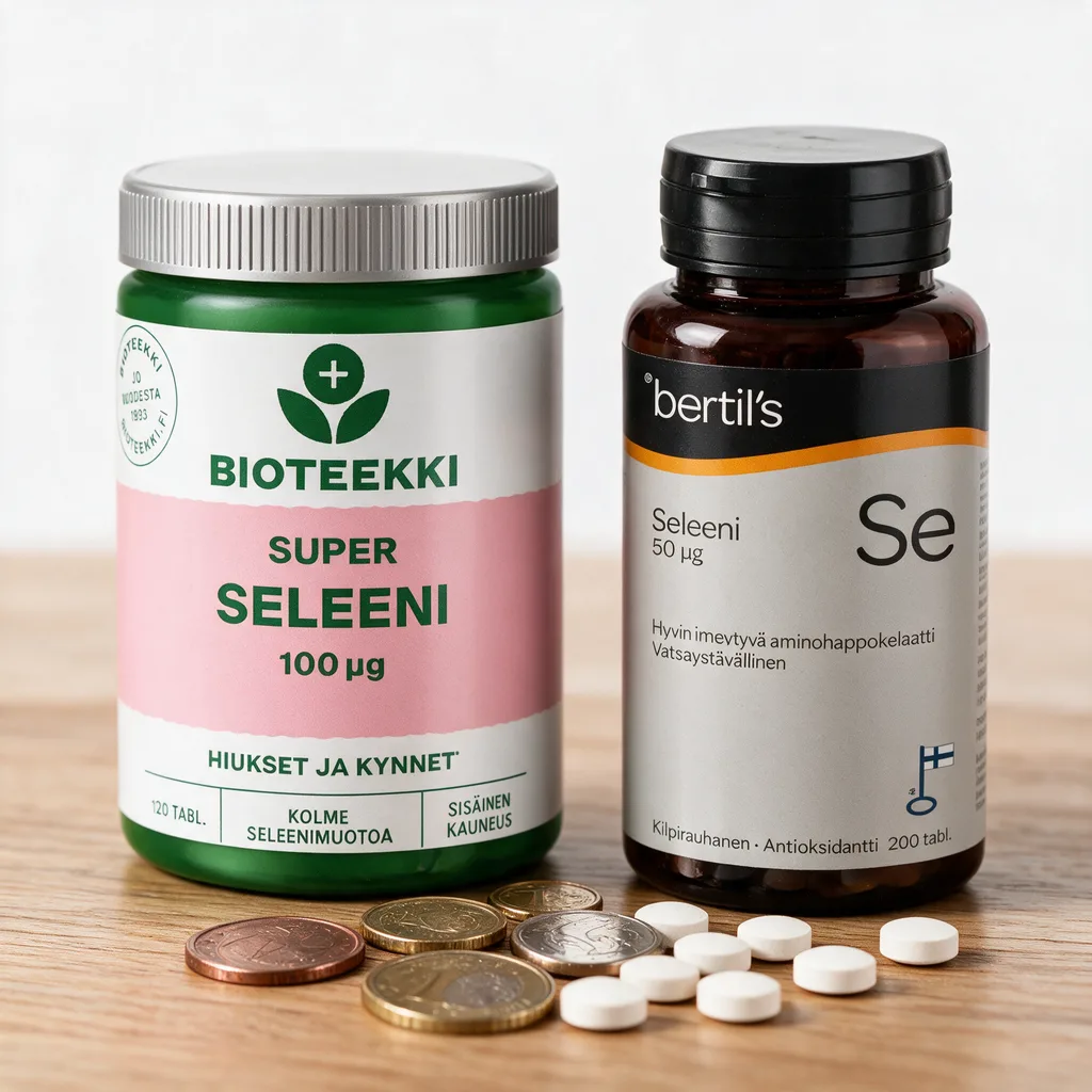Bioteekin vihreä purkki ja Bertilsin ruskea seleenipurkki vierekkäin, edessä muutama kolikko ja tabletti