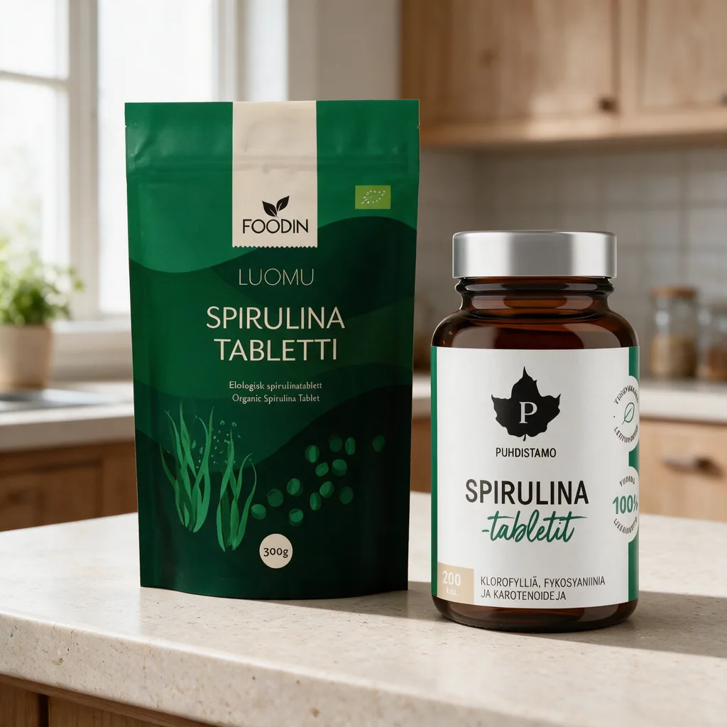 Tummanvihreä Foodin Luomu Spirulina Tabletti -pussi ja ruskea Puhdistamo Spirulina -tablettipurkki vierekkäin keittiön työtasolla