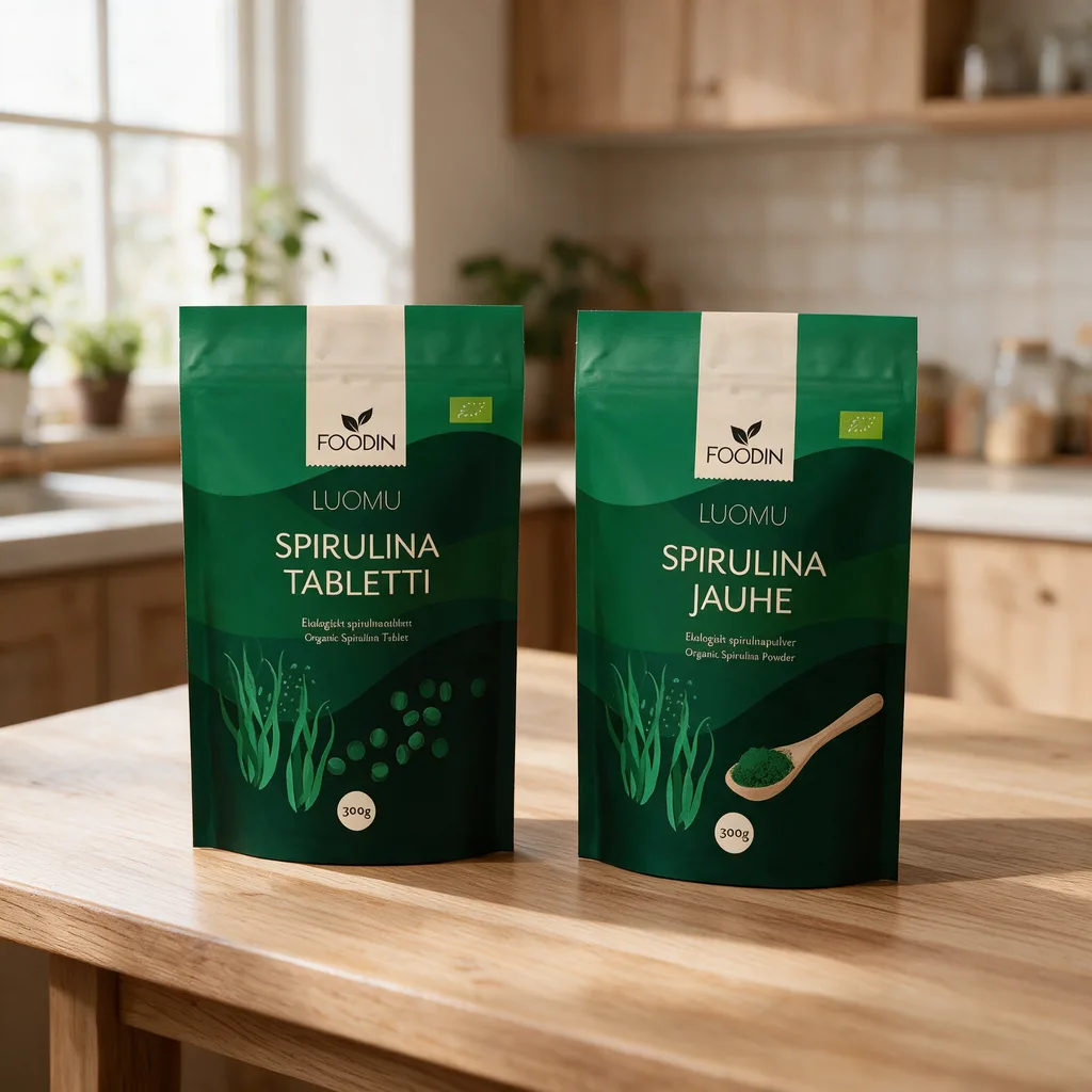 Kaksi tummanvihreää Foodin-pussia, Luomu Spirulina Tabletti ja Luomu Spirulina Jauhe, vierekkäin tammipöydällä