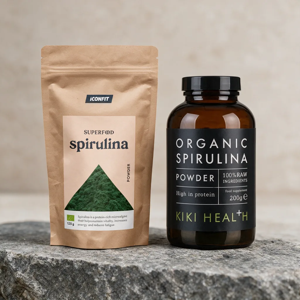 Ruskea ICONFIT Superfood Spirulina -paperipussi ja ruskea Kiki Health Organic Spirulina Powder -lasipurkki harmaalla kivitasolla