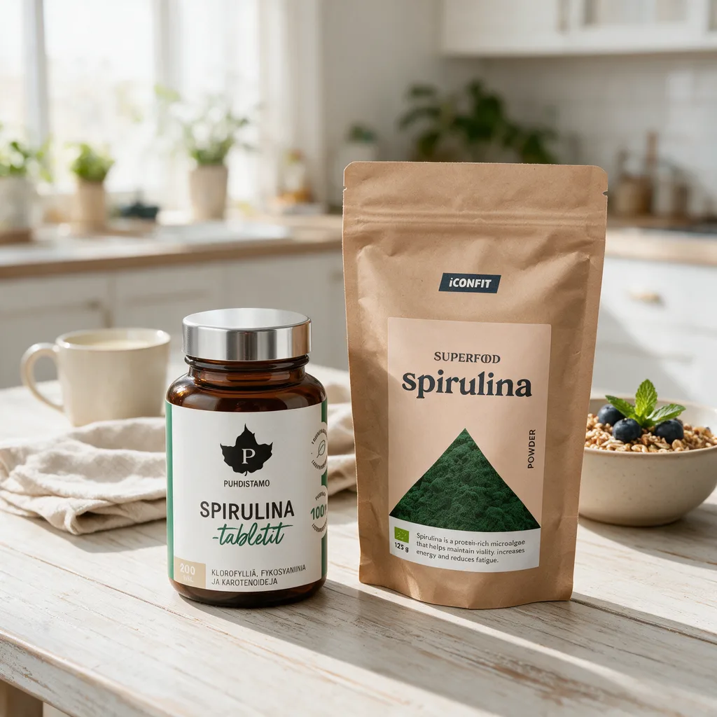 Ruskea Puhdistamo Spirulina -tablettipurkki ja ruskea ICONFIT Superfood Spirulina -paperipussi aamupalapöydällä