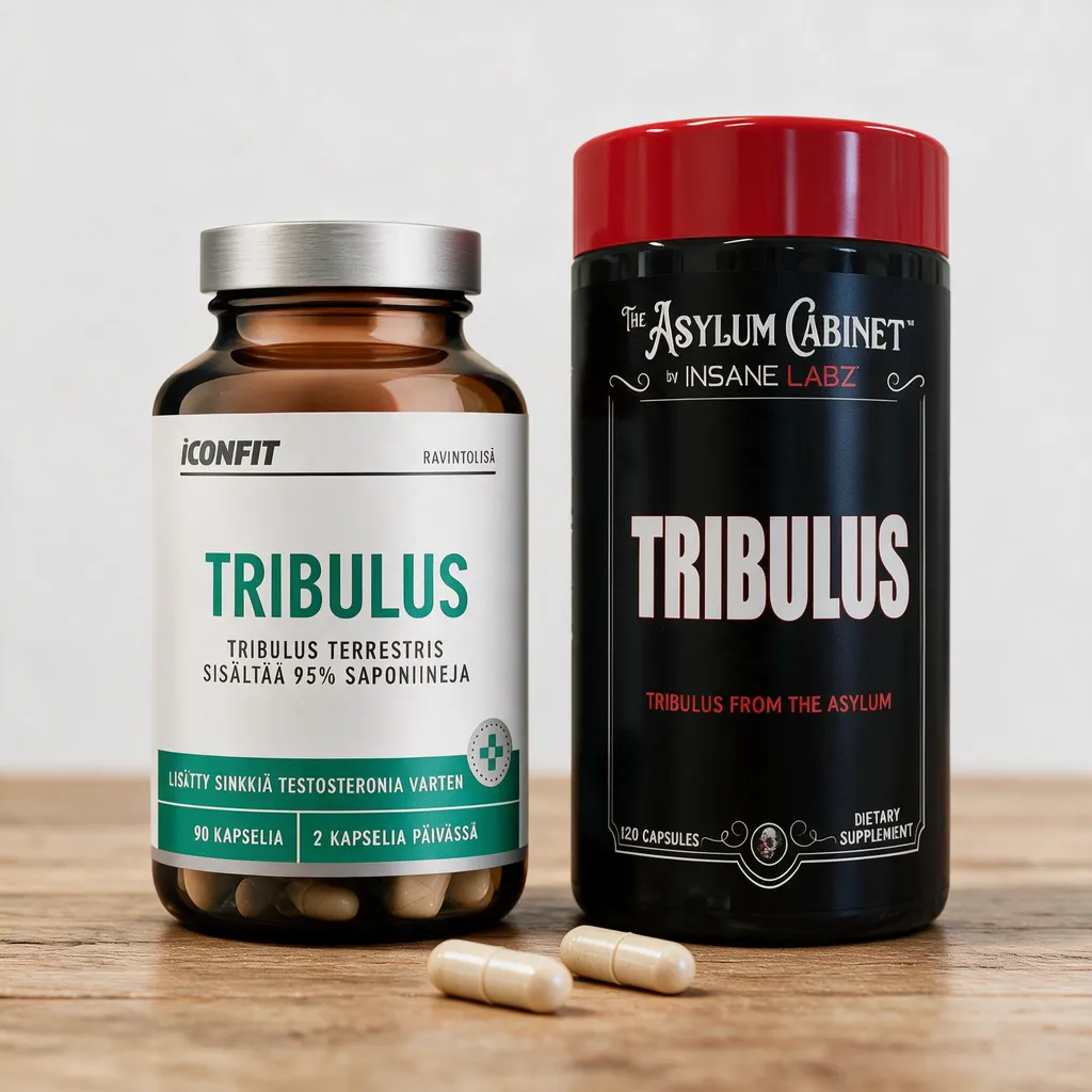 Kaksi hedelmäuutepurkkia vierekkäin: ICONFIT Tribulus ja mustakantinen Insane Labz Tribulus puupöydällä kapseleiden kanssa