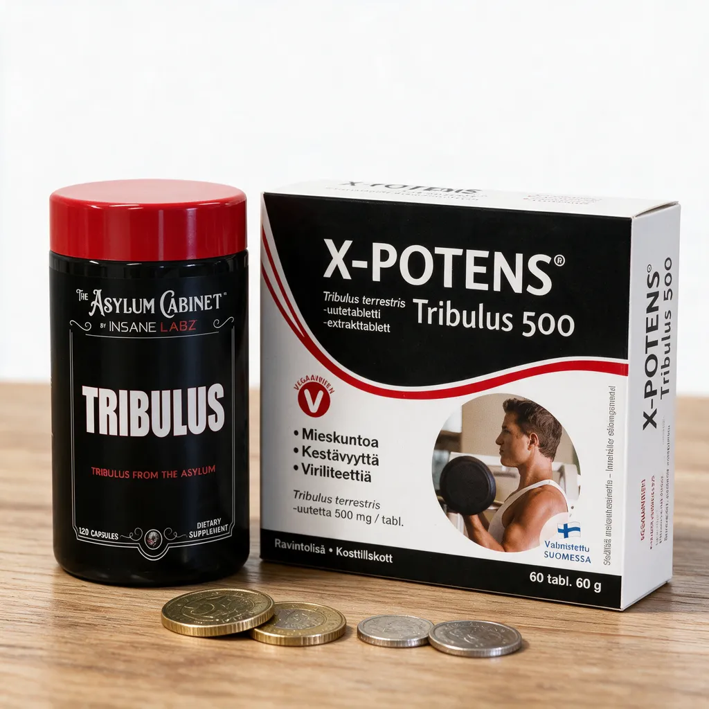 Insane Labz Tribulus ja X-potens Tribulus 500 vierekkäin, etualalla kolikoita