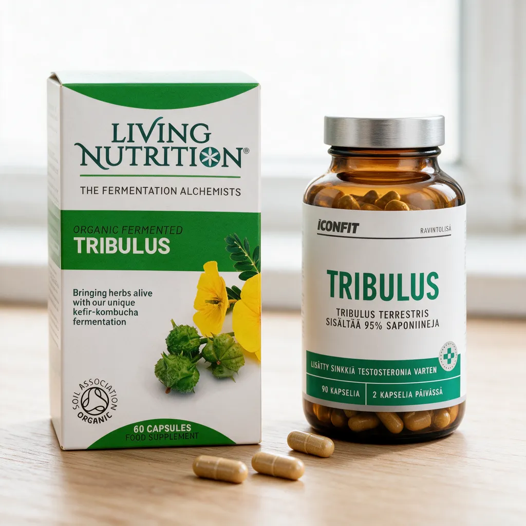Living Nutritionin valkovihreä rasia ja ICONFITin ruskea purkki vierekkäin, välissä muutama kapseli
