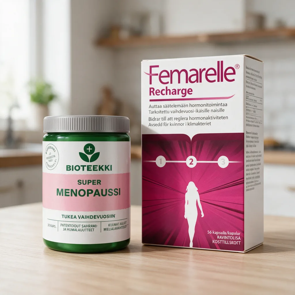 Bioteekki Super Menopaussi -purkin vaaleanpunainen etiketti ja Femarelle Recharge -rasian magentakuvio vierekkäin vaalealla puutasolla