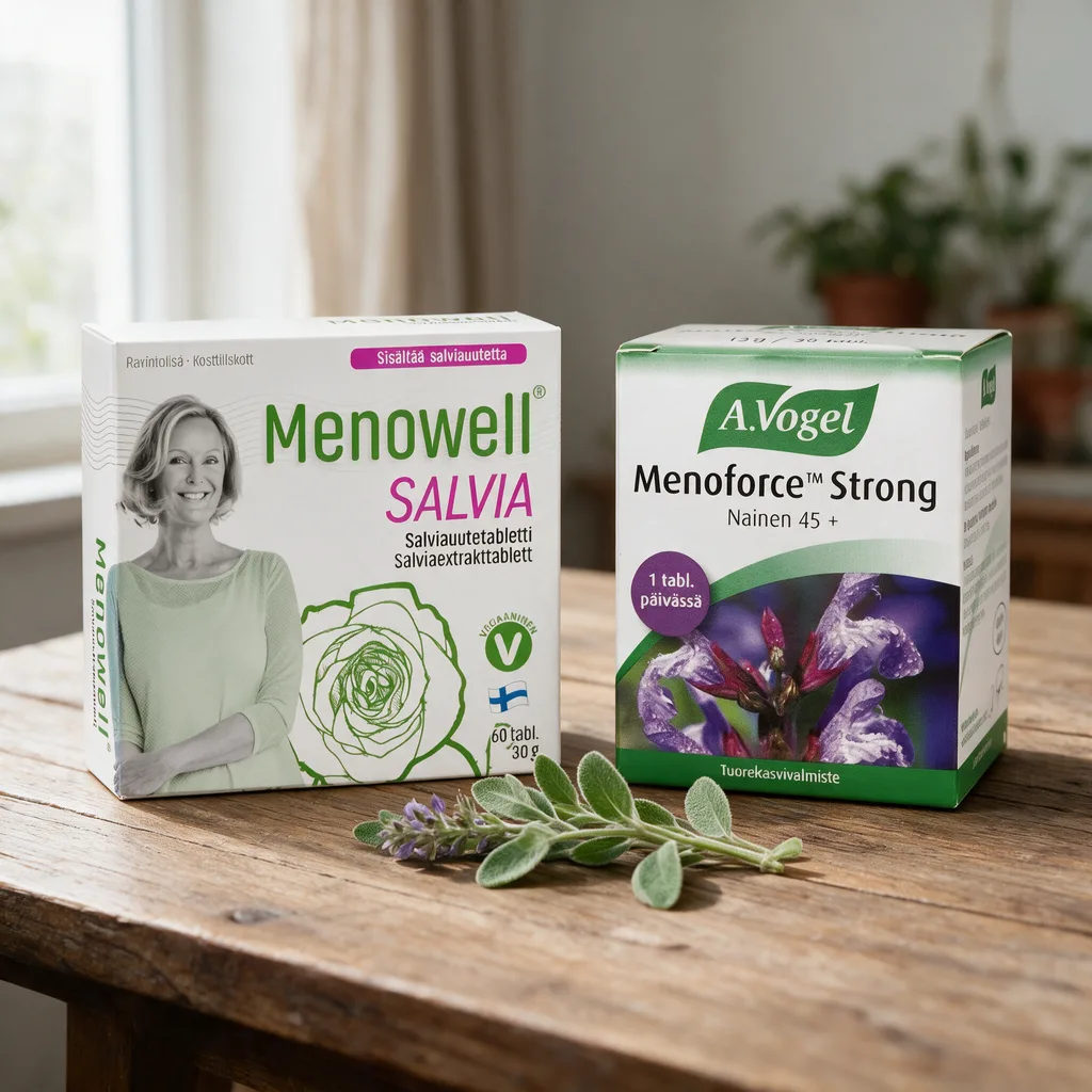Valkoinen Menowell Salvia -rasia ja vihreä A.Vogel Menoforce Strong -rasia rinnakkain puisella pöydällä, välissä salvianoksa