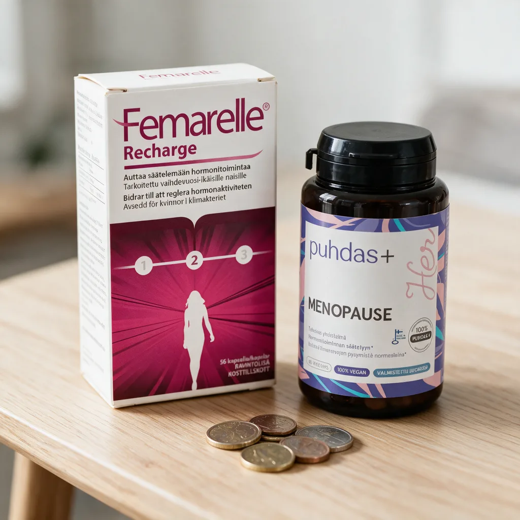 Femarelle Recharge -rasia ja tumma Puhdas+ Menopause -purkki aamiaispöydällä, edessä kourallinen kolikoita