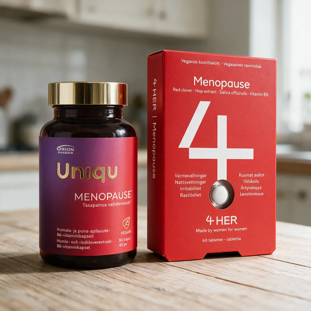 Punaruskea Uniqu Menopause -purkki ja punainen 4HER Menopause -rasia rinnakkain keittiön pöydällä