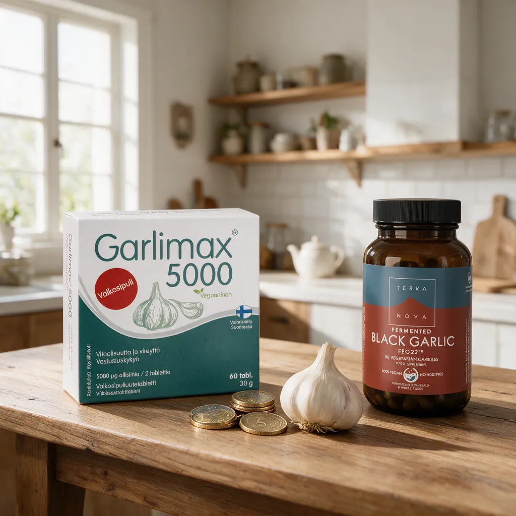 Garlimax 5000 -kotelo vasemmalla ja Terranova Fermented Black Garlic -purkki oikealla, välissä kolikoita ja valkosipuli