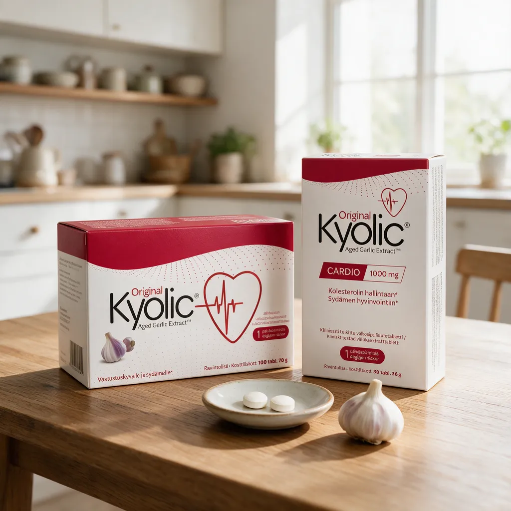 Kyolic Originalin vaakamallinen ja Kyolic Cardion pystymallinen rasia keittiössä, edessä kaksi tablettia lautasella ja valkosipuli