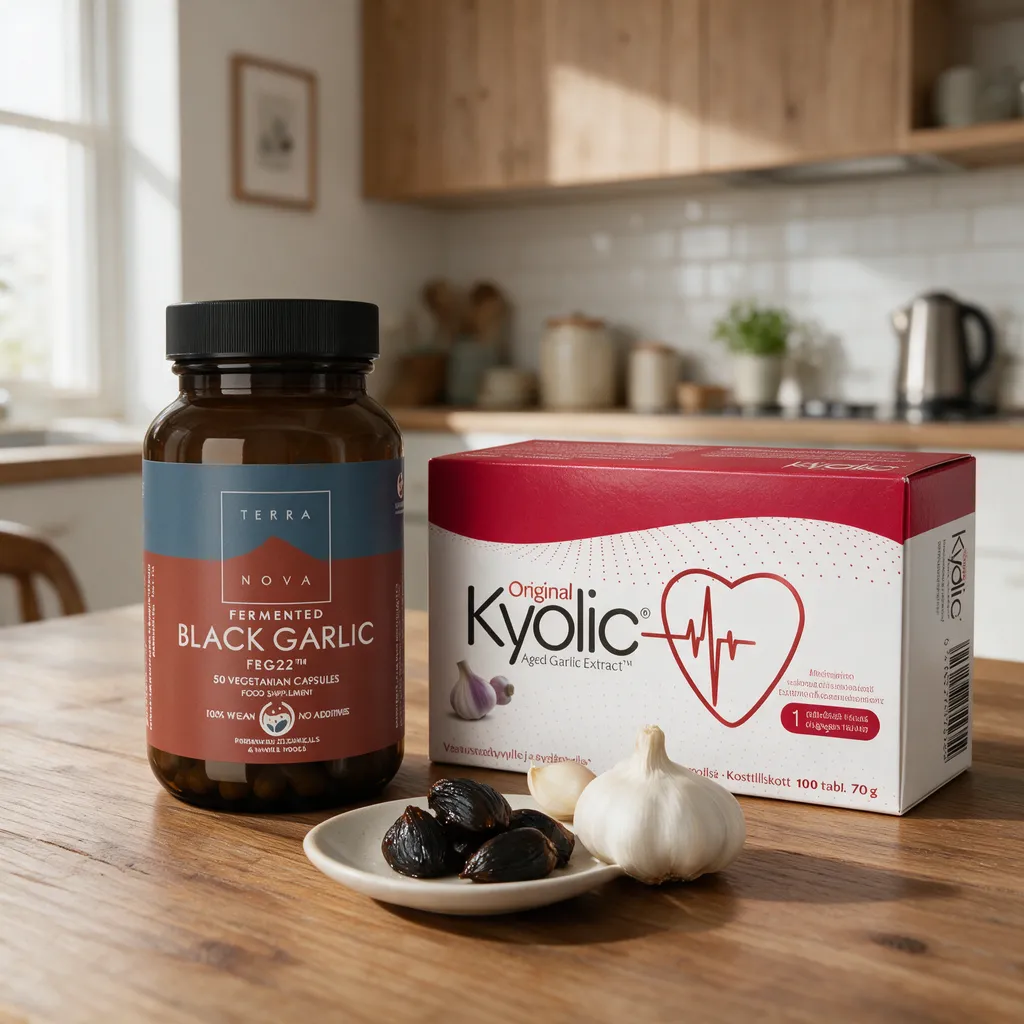 Terranova Fermented Black Garlic -lasipurkki Kyolic Original -rasian vierellä tammipöydällä, edessä mustia valkosipulinkynsiä ja tuore valkosipuli