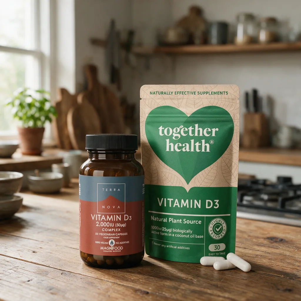 Terranovan ruskea lasipurkki ja Together Healthin beige-vihreä pussi vierekkäin puisella keittiön pöydällä