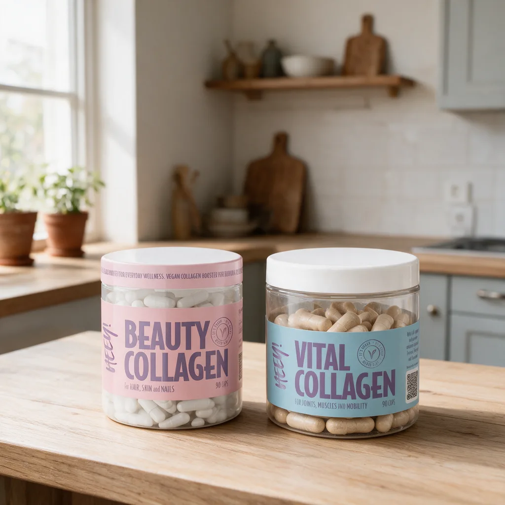 Heeyn vaaleanpunainen Beauty Collagen ja vaaleansininen Vital Collagen rinnakkain vaalean puupöydän päällä