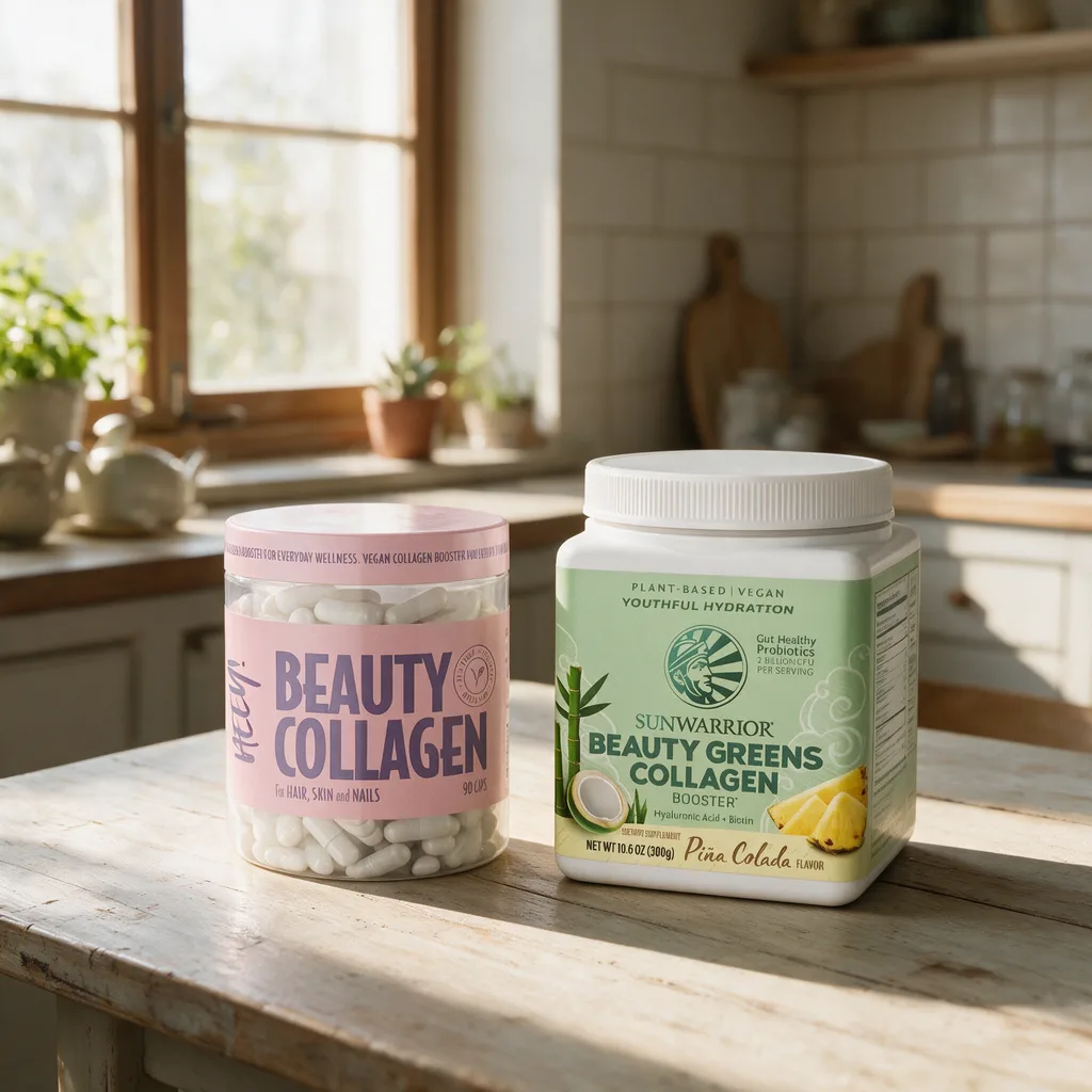 Heeyn vaaleanpunainen Beauty Collagen -purkki ja Sunwarriorin jauhepurkki rinnakkain aamuauringossa keittiön pöydällä