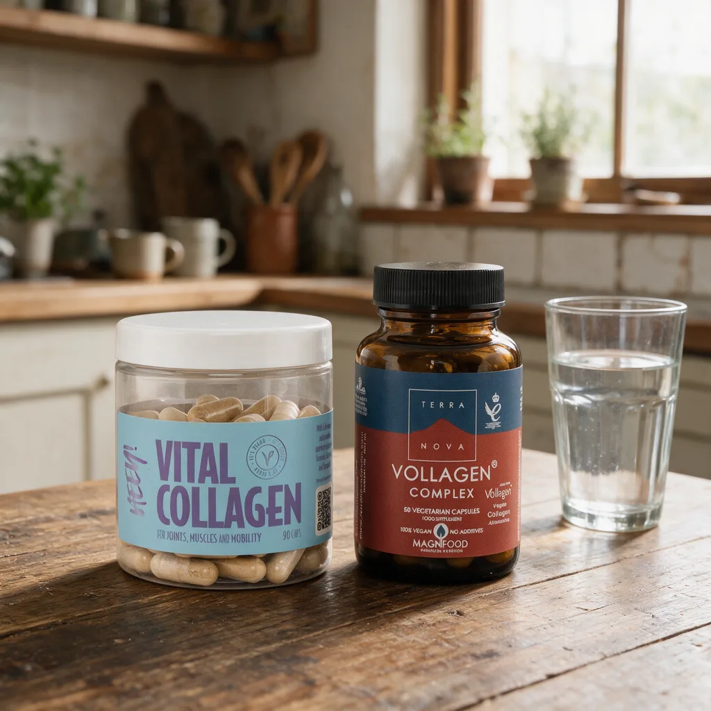 Heeyn vaaleansininen Vital Collagen -purkki ja Terranovan ruskea Vollagen-purkki vierekkäin puisella pöydällä, vieressä vesilasi