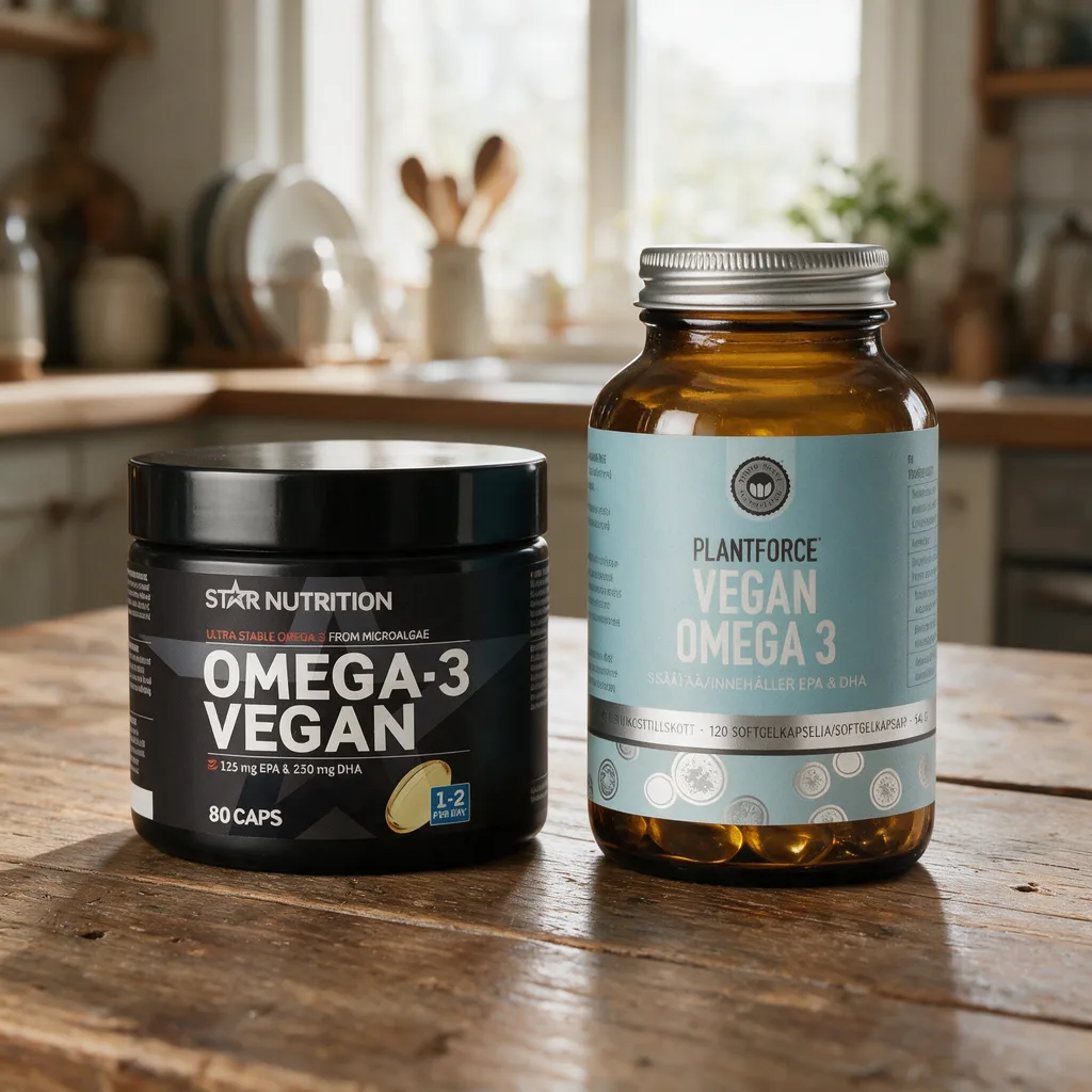 Star Nutritionin musta purkki ja Plantforcen ruskea lasipurkki vierekkäin puisella keittiön pöydällä