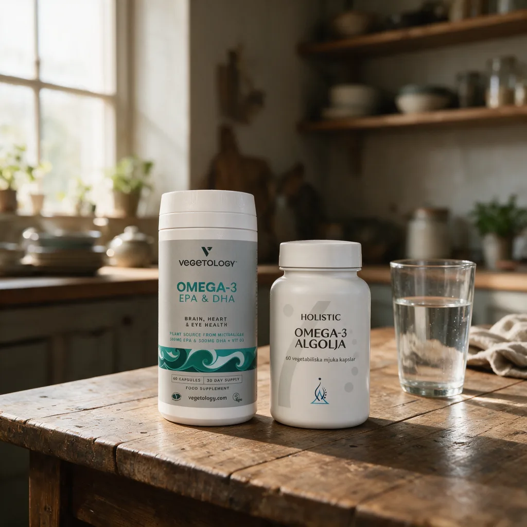 Vegetologyn valkoinen purkki ja Holisticin valkoinen purkki vierekkäin puisella pöydällä, vieressä vesilasi
