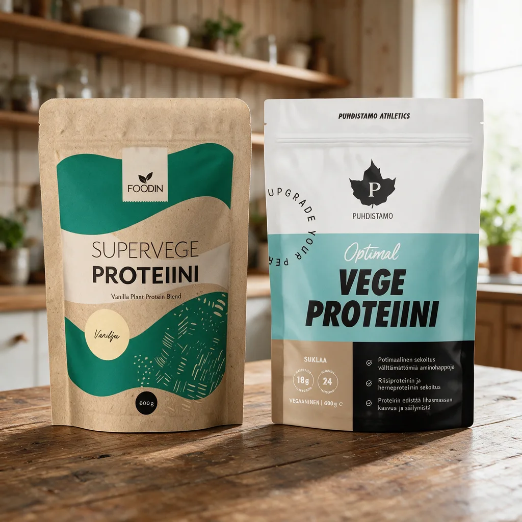 Foodin Supervege Proteiini Vanilja- ja Puhdistamo Optimal Vege Proteiini Suklaa -pussit rinnakkain puisella keittiön pöydällä