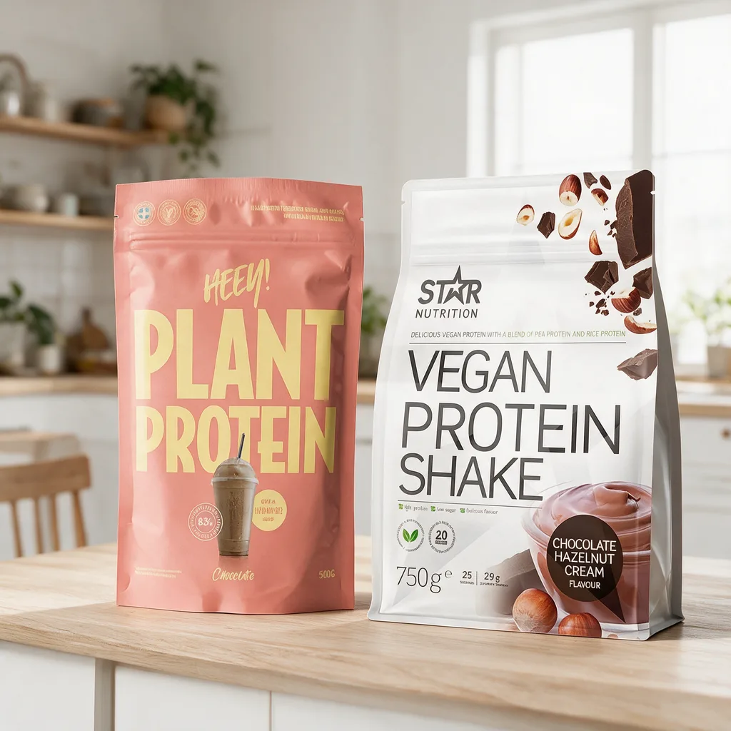 HEEY Plant Protein Chocolate- ja Star Nutrition Vegan Protein Shake Chocolate Hazelnut Cream -pussit rinnakkain keittiön työtasolla