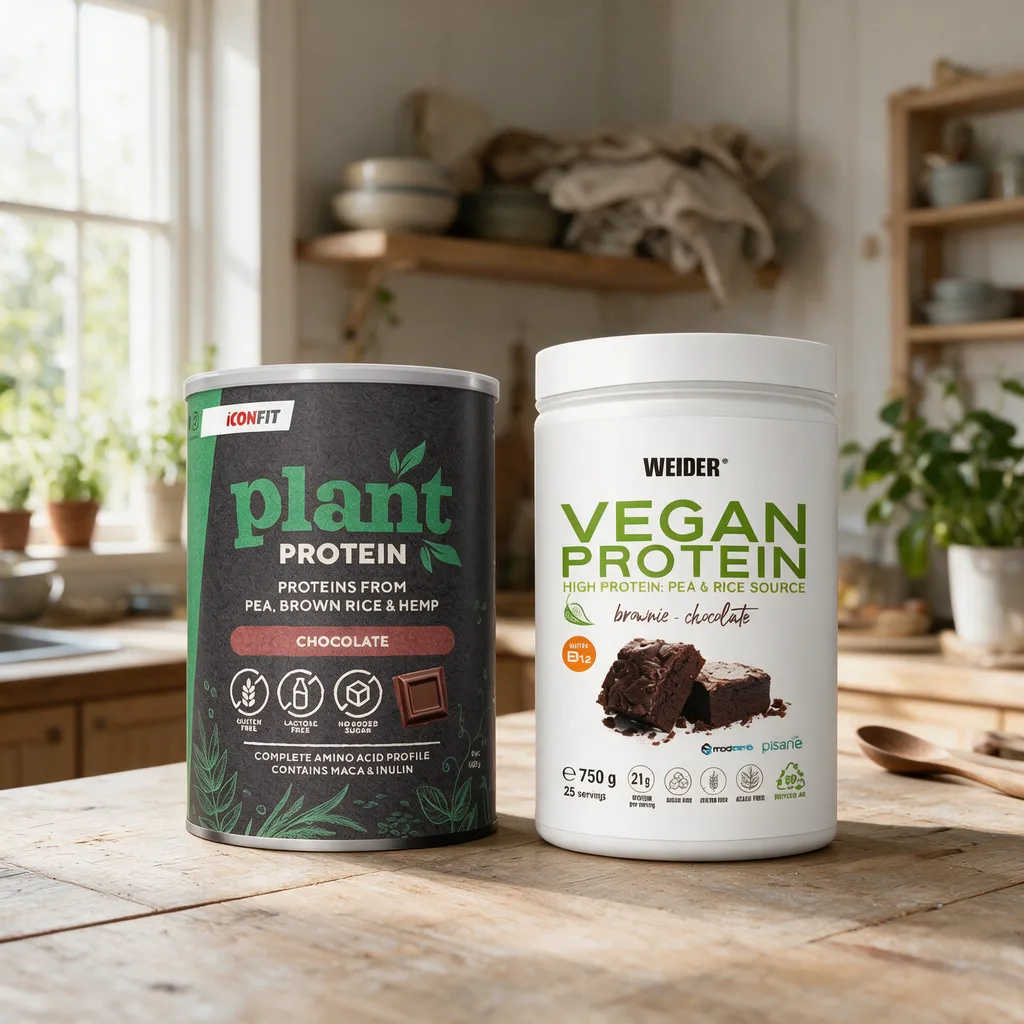 ICONFIT Plant Protein Chocolate -purkki ja Weider Vegan Protein brownie-chocolate -purkki rinnakkain keittiön työtasolla