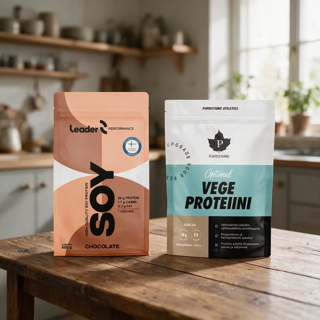 Leader Performance Soy Chocolate- ja Puhdistamo Optimal Vege Proteiini Suklaa -pussit rinnakkain puisella keittiön pöydällä
