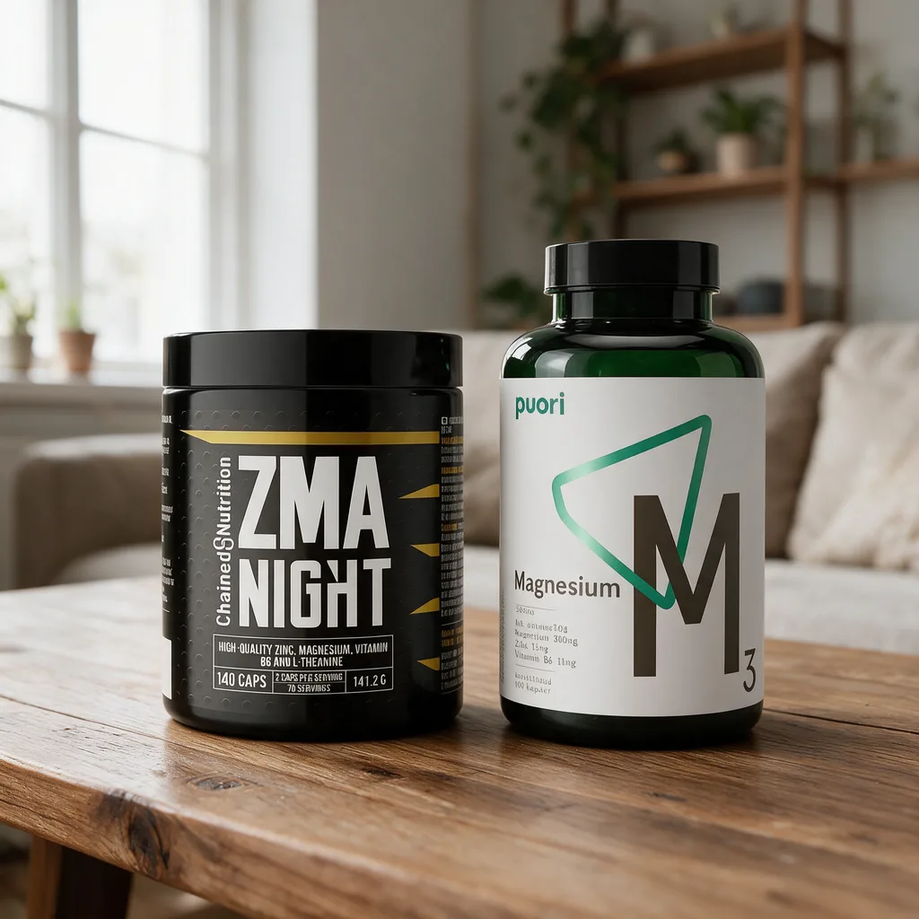 Chained Nutritionin musta ZMA Night ja Puorin valkoinen M3 vierekkäin ikkunan valossa