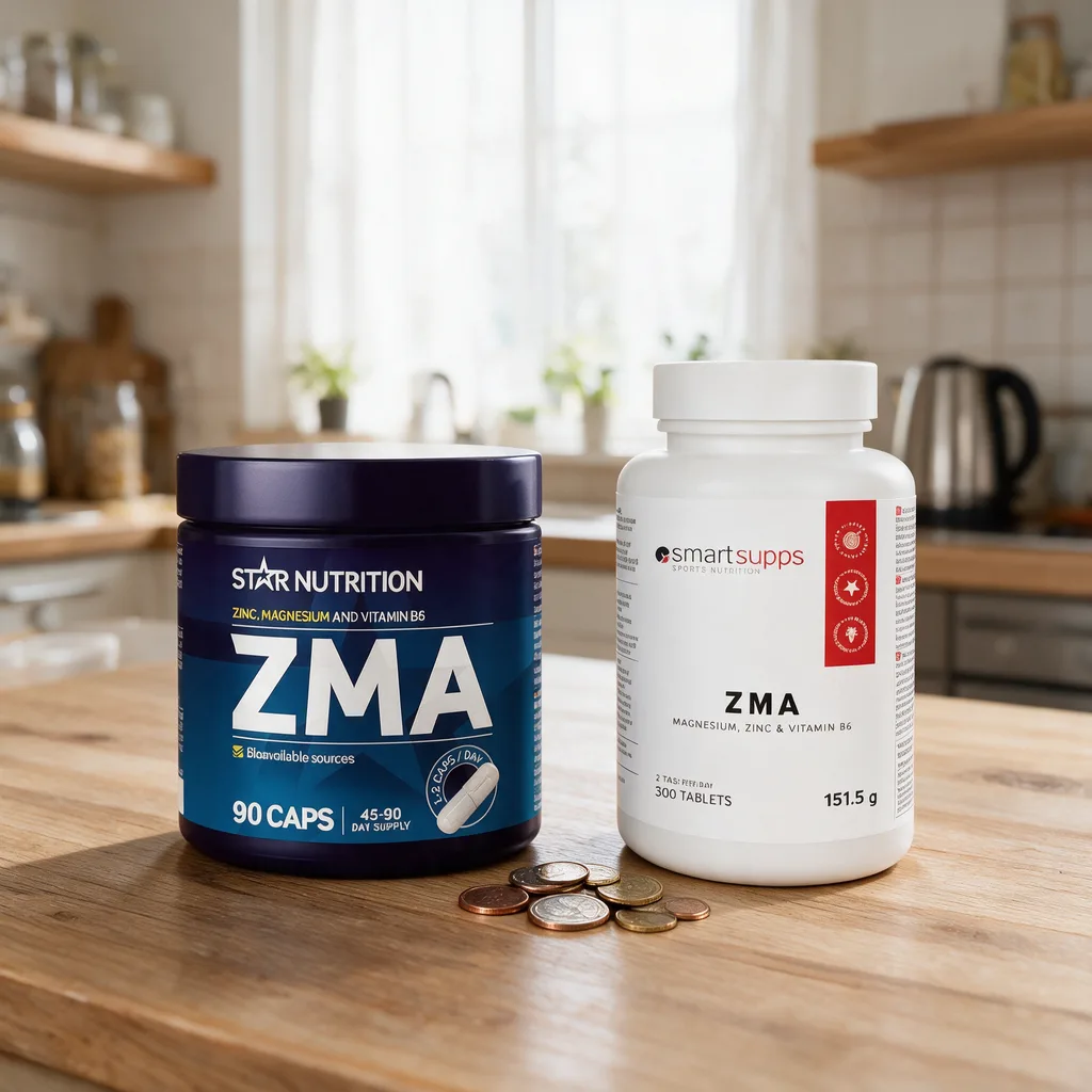 Star Nutritionin sininen ZMA-purkki ja SmartSuppsin valkoinen purkki puutasolla, välissä muutama kolikko