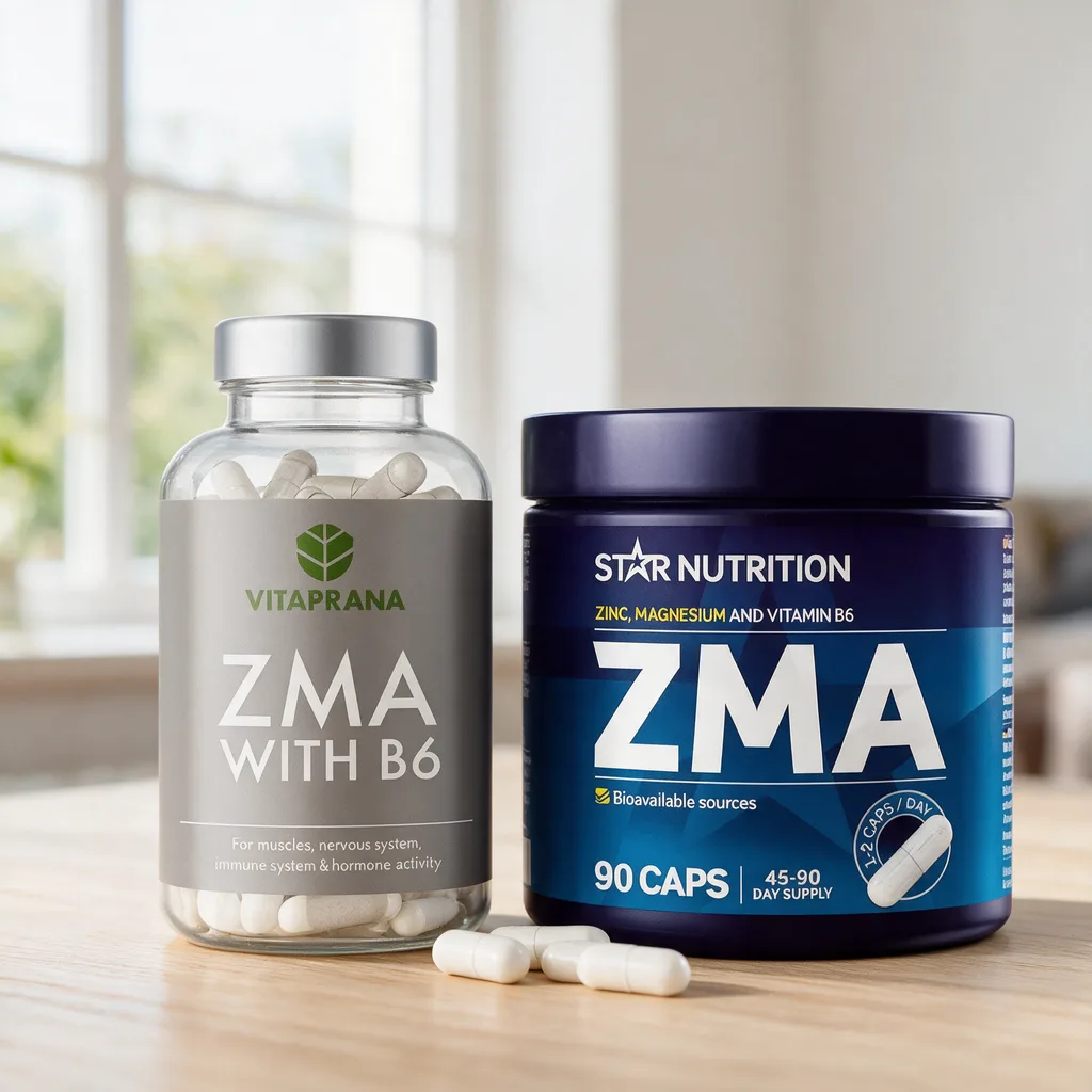 Vitapranan harmaa ZMA-purkki ja Star Nutritionin sininen ZMA-purkki vierekkäin puisella tasolla, edessä kapseleita
